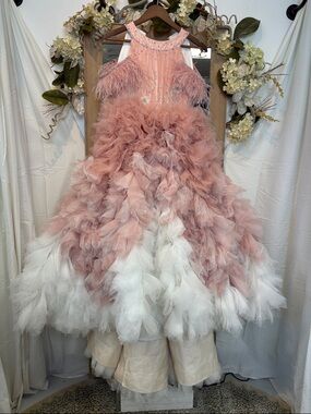 Kingdom Boutique Blush Pink & White Feathered Tulle Gown